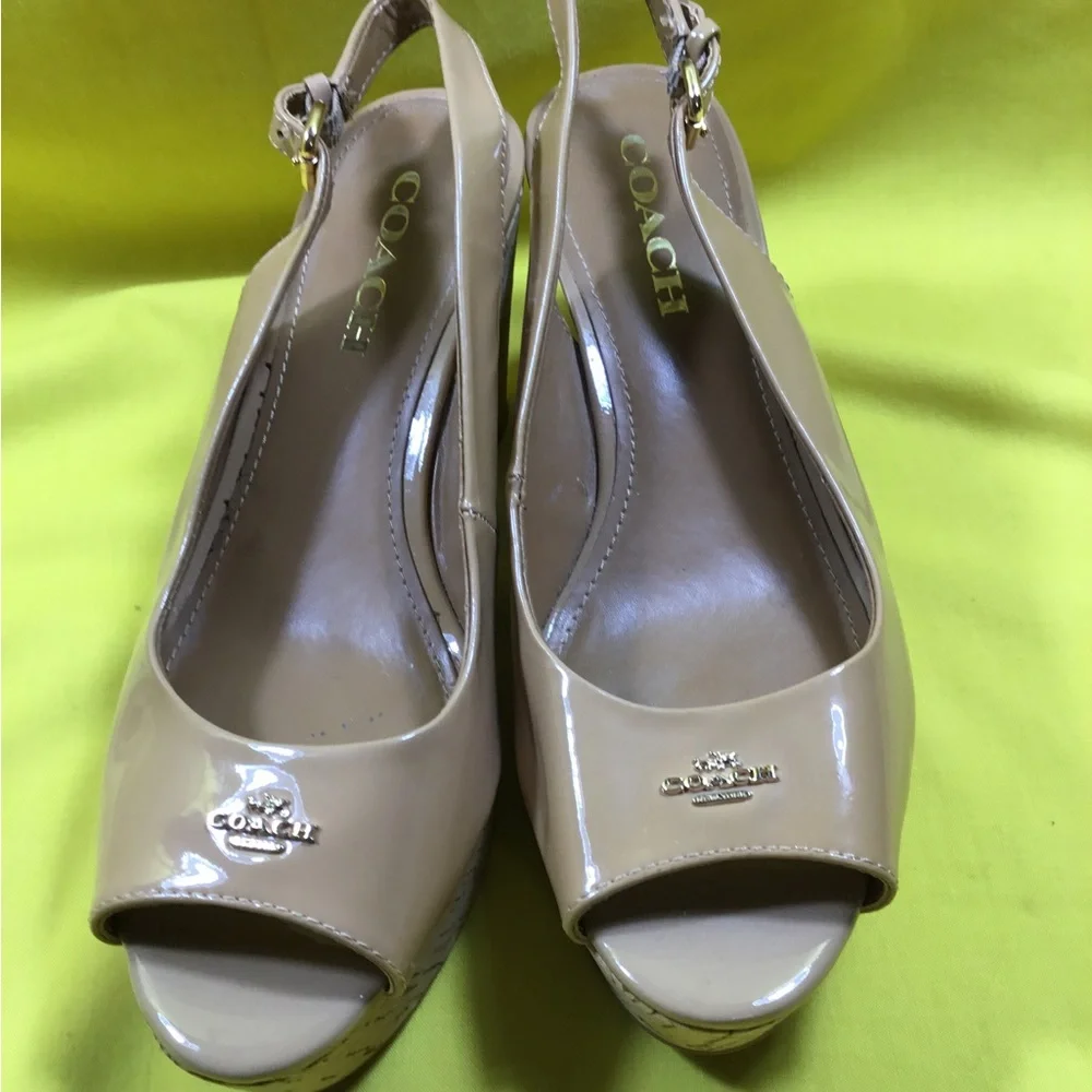 Coach Nude Patent Peep-Toe Wedge Slingbacks